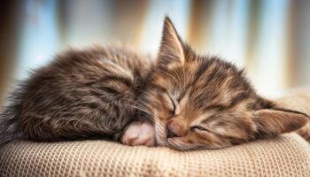 Kitten Sleeping Peacefully on a Textured Rug, Blending Gracefully into a Cozy Home Environment with Soft Light Illuminating the Scene, Perfect for Digital Art, Home Decor, or Design Inspiration. photo