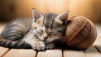 Kitten in Blissful Slumber, Cradling a Cozy Ball of Yarn A Heartwarming Scene Exuding Tranquility and Softness with a Touch of Playfulness. photo