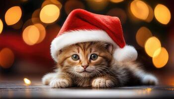 Adorable Kitten in Santa Hat Lounging Amidst Festive Lights Backdrop, Radiating Joyful Warmth and Holiday Cheer photo