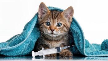 Kitten Wrapped in a Towel Drinking Medicine from a Syringe A Heartwarming Scene of Care and Compassion, Featuring Soft Textures and Neutral Colors. photo