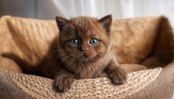 Adorable Scottish Fold Burmese Munchkin Kitten Lounging in Rustic Interior, Playful and Cozy Atmosphere with Soft Fur Textures, Evoking a Warm and Inviting Vibe. photo