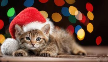 Adorable Kitten in Santa Hat Relaxing amidst Festive Lights and Cheerful Atmosphere, Capturing the Spirit of Joy and Delight. photo