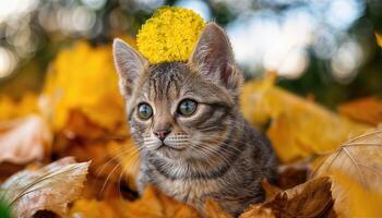 Kitten Playfully Interacting with Autumnal Leaf on Head Amongst Vibrant Foliage Scene, Capturing a Moment of Whimsy and Serenity in an Autumnal Backdrop. photo