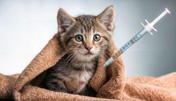 Playful Kitten Receives Medicine with Tender Care, Wrapped in Plush Towel Against a Cozy Room Backdrop, Showcasing a Moment of Intimacy and Bonding. photo