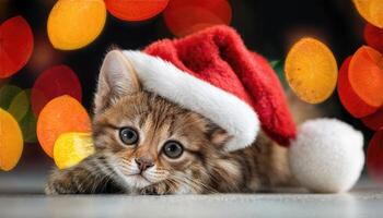 Adorable SantaHatted Kitten Nestled among Festive Lights, Cradled by Warm Holiday Ambiance with a Touch of Whimsy and Magic photo