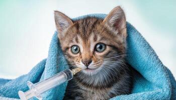 Tender Kitten Wrapped in a Cozy Towel Drinks Medicine with Care, Adorable Scene Radiating Compassion and Tranquility in a Warm, Comforting Environment. photo