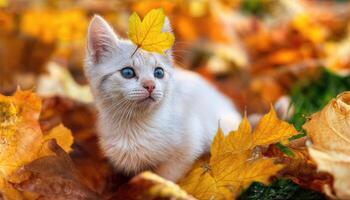Kitten Playfully Perched Among Autumn Foliage, Wearing a Yellow Leaf as a Headband Against a Backdrop of Fall Colors, Expressing Serene Tranquility and Whimsy. photo