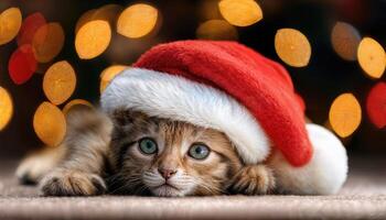 Playful Kitten in Santa Hat Nap Time Amongst Festive Twinkling Lights, Creating a Cozy and Enchanting Holiday Scene Filled with Joy and Warmth. photo