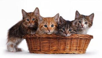 Playful Kittens Cozily Nestled in a Woven Basket, Frolicking Amidst Soft Pastels and Textured Fabrics, Creating a Whimsical Scene of Childlike Joy. photo
