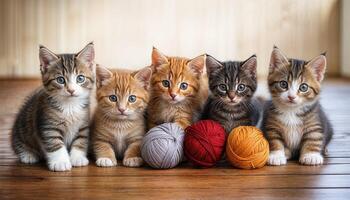 Charming Kittens Playfully Interacting with Colorful Yarn Balls, Warm Hues of Orange, Gray, and Tabby Fur in a Comfortable Home Setting, Capturing the Joyous Mood of Five Furry Friends. photo