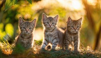 Adorable Kittens Frolicking Outdoors in Natural Light Playful Felines Basking in the Sun amidst Lush Greenery and Dappled Shadows, Capturing Joyful Vibrancy. photo