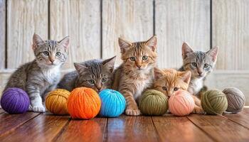 Playful Kittens Frolicking with Yarn Balls A Gorgeous Portrayal of Five Feline Friends in Vibrant Hues, Orange, Gray, and Tabby Fur, Creating a Joyous Scene that Radiates Warmth and Whimsy. photo
