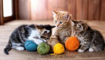 Adorable Kittens Playing with Yarn Balls in a Cozy Home Environment, Five Cute Orange, Gray, and Tabby Feline Friends Interacting in Warm, Inviting Surroundings, Perfect for Digital Art, Home photo