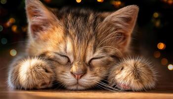 Serene Moment Intimate CloseUp of a Playful Tabby Kitten Kneading Paws Slowly, With Soft Fur Textures and Warm Amber Eyes, Capturing Peacefulness in the Heart of Movement. photo