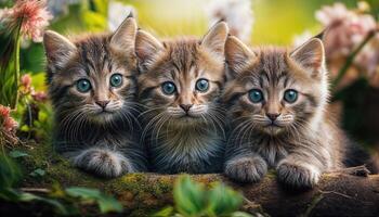 Kittens Playing in a Vibrant Spring Meadow, Frolicking among Daisies and Butterflies, Capturing the Joyful Energy of Youth in the Blossoming Field. photo