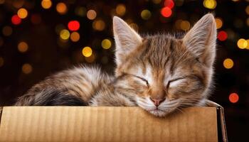 Sleepy Tabby Lounging Blissfully Within Cozy Cardboard Box Amidst Sunlit Rays and Textured Shadows, Portraying a Peaceful Moment in Feline Life. photo