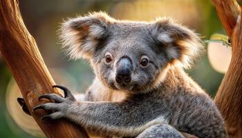Wild Australian Koala Caught in Intimate Moment on Tree Branch, Showcasing Soft Fur Textures and Gentle Expressions under the Dappled Canopy of an Ancient Eucalyptus Grove photo