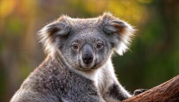 Captivating Koala Peering from Tree Branch A Charming Australian Mammal in the Lush Green Canopy, Set Against an Emerald Backdrop, Evoking a Sense of Serene Tranquility. photo