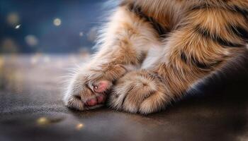 CloseUp of a Kitty Kneading Slow Shutter Speed Captures Intimate Moment with Soft Fur Textures and Gentle Paw Details, Radiating a Peaceful Atmosphere. photo