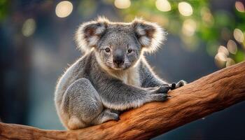 Koala Perched on Tree Branch, Captivating Moment of a Quiet Observation in Australian Rainforest, with Soft Fur Textures and Emerald Leaves Surrounding the Cute Mammal at Dusk. photo