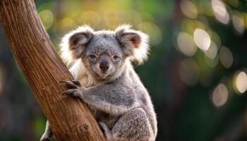 Koala Phascolarctos cinereus Perched on Tree Branch, Capturing Serene Tranquility and Wild Australian Beauty as it Gazes Down with Curious Eyes in a Stunning Sunset Environment photo