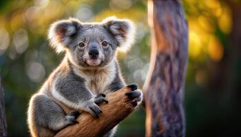 Intimate Encounter with a Koala Glimpse into the Eyes of Phascolarctus cinereus Perched on a Tree Branch, Basking in the Australian Outbacks Serene Wilderness. photo