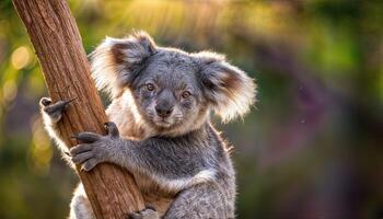 Koala Phascolarctos cinereus Perched on Tree Branch, Capturing Serene Curiosity amidst Australian Rainforest Canopy in Early Morning Light photo