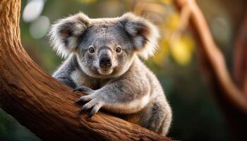 Koala Phascolarctos cinereus Perched on Tree Branch in Serene Australian Rainforest, Capturing a Moment of Introspection and Tranquility photo