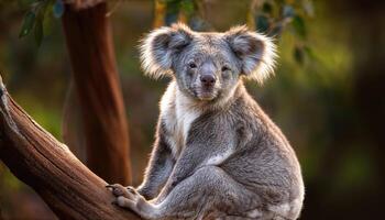 Enchanting Portrait of a Koala Amidst the Australian Outback, Captured in Striking Detail with Warm Brown Tones and a Sense of Serenity. photo