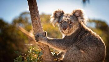 Koala in the Wild A Serene Moment in the Australian Outback at Sunset, Capturing the Playful Grace of a Koala Amidst Rich Rust and Green Hues photo
