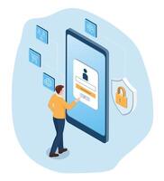AI-powered login security with Businessman views password popup at smartphone's screen, icons signifying security features, social media, online shopping, and protective shield with a padlock. vector