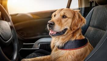 Golden Retriever Sitting Safely in a Car with Seat Belt or Harness at Dusk A Moment of Calm and Comfort Amidst the Fading Light photo