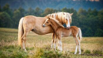Haflinger Horses Mare with Foal Cuddling Warmth and Serenity in an Alpine Meadow at Dawn, Pure Joy Radiates from these Gentle Giants photo