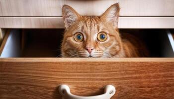 33 Ginger Domestic Cat Discovering Hidden Space in Antique Dresser Drawer Playful and Stealthy Feline Peeks Out of Cluttered Closet Drawer, Creating a Cozy Atmosphere. photo