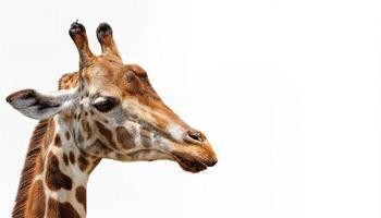 Striking Giraffe Silhouette Against a Clear Backdrop, Majestic Mammal Boldly Showcasing Spotted Coat in High Contrast against Clean Canvas, Perfect for Digital Art or Minimalist Design photo