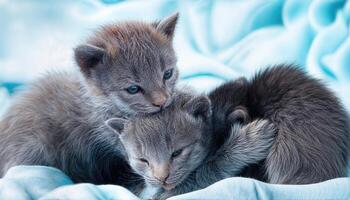 Intimate Moment Tiny Blue Cats Nursing in Soft Twilight, Showcasing Playful Serenity and Vivid Hues Amidst a Gigapixel Canvas photo