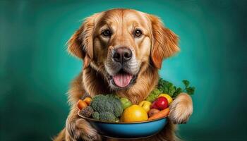 Golden Retriever Delighting in a Colorful Feast A Snapshot of Canine Nutrition and Joy, Celebrating the Vibrancy of Fresh Foods and Pet Love photo