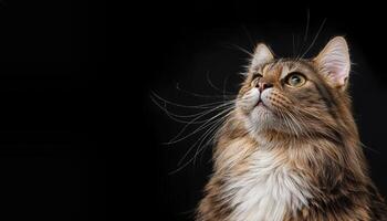 Closeup of a Fluffy Cat on Black Background, Showcasing Soft Textures and Intense Eyes with a Moody Atmosphere, Perfect for Digital Art, Home Decor, or Design Inspiration. photo