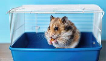 Endearing Hamster Nibbling in Vibrant Blue Cage Compartment, Illuminating Cozy Habitat with a Glint of Playful Energy amidst Soft Textures and Soothing Colors. photo