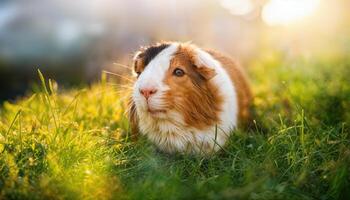 Adorable Guinea Pig Frolicking Among Lush Green Grass Field, Expressing Joy and Playfulness Under the Bright Sunshine, Capturing a Snapshot of Companionable Bliss in a Serene Setting. photo