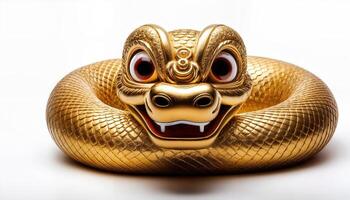 Vibrant Golden Snake Figure with Large Eyes and Smiling Expression for Lunar New Year, Illuminated against a Transparent Background, Perfect for Digital Art, Home Decor, or Design Inspiration. photo