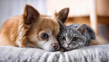 Adorable Chihuahua and American Shorthair Cat Snuggled Together in a Cozy Living Room, Warmth Radiating with Soft Textures and Gentle Expressions. photo
