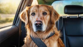 Secure Golden Retriever in a Car during a Serene Drive, Demonstrating Road Safety with a Cozy Interior, Captured in a Tranquil Ambiance. photo