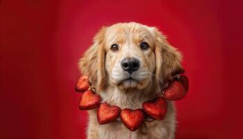 Golden Retriever Puppy Portrait on Red Background with Valentines Day Heart Wreath Vibrant and Endearing Canine Portrait against a Romantic Backdrop, Perfect for Digital Art or Home Decor. photo