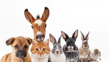 Group of Cute and Funny Farm Animals on a White Background Adorable Critters Posing Playfully with Vibrant Expressions in an Isolated Setting, Perfect for Digital Art, Home Decor, or Design photo