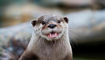 Asian SmallClawed Otter Calling Out in a Lush Rainforest Environment, Capturing the Agile and Vibrant Spirit of Aonyx cinerea at Twilight. photo