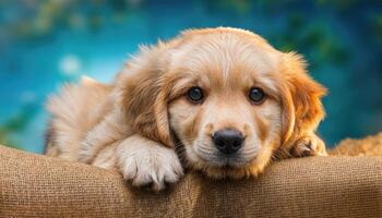 Playful Golden Retriever Puppy Frolicking amidst a Blossoming Field of Daisies, Capturing Joy and Innocence under the Bright Summer Sky. photo