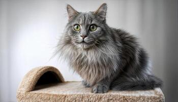 Gray Longhair Chantilly Tiffany Cat Sitting on a Cat Tower House A Regal Feline Overlooking Its Territory with Sophisticated Elegance and Calm Grace. photo