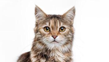 Playful and Quizzical Grumpy Cat, Framed Against a Minimalist White Background, Capturing the Iconic Felines Expression of Irritation in High Definition. photo
