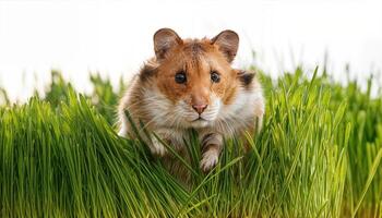 Playful Hamster Frolicking in the Sunlit Meadow Grass, Capturing Joy and Whimsy amidst a Field of Soft Greens and Golden Rays. photo